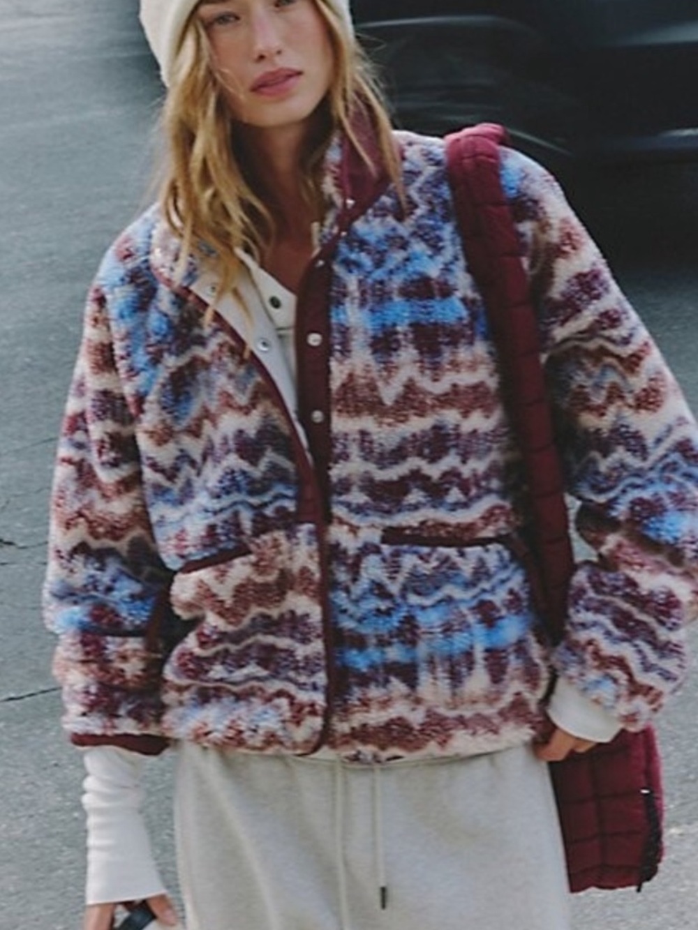NWOT Free People Movement Hit The Slopes Print Fleece Jacket in Denim Combo XS
